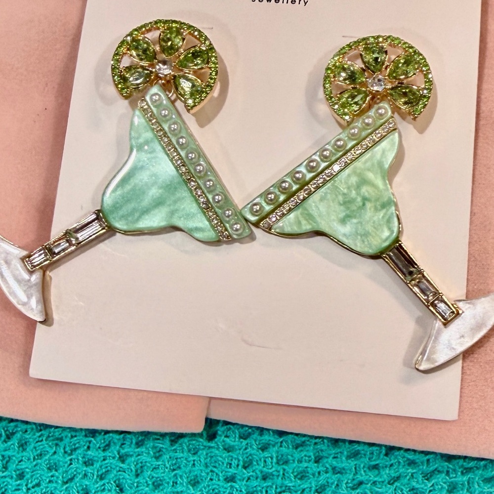 Margarita Earrings Novelty Drink Cocktail Rhinestone Gem Dangle Drop - Picture 2 of 7